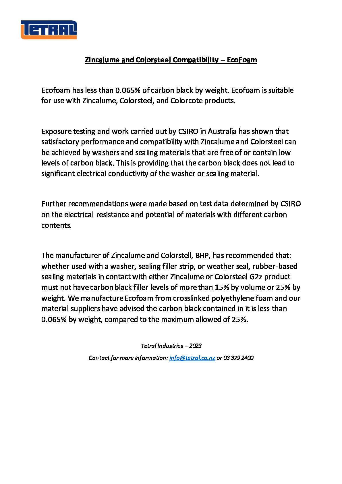EcoFoam Zincalume and Colorsteel Compatibility.pdf